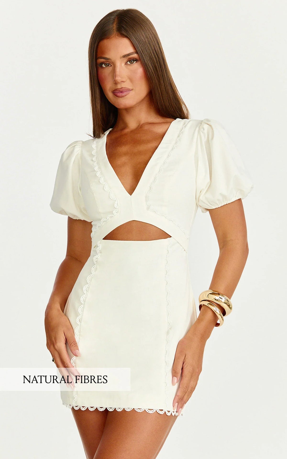 Carolyn Mini Dress - V Neck Puff Sleeve Dress in White