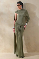 Trisara | Olive Asymmetric-Neck Maxi Dress With Gathered-Detailing And Sash