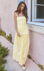 Everly Maxi Dress - Straight Neck Broderie Cut Out Hem Dress in Lemon
