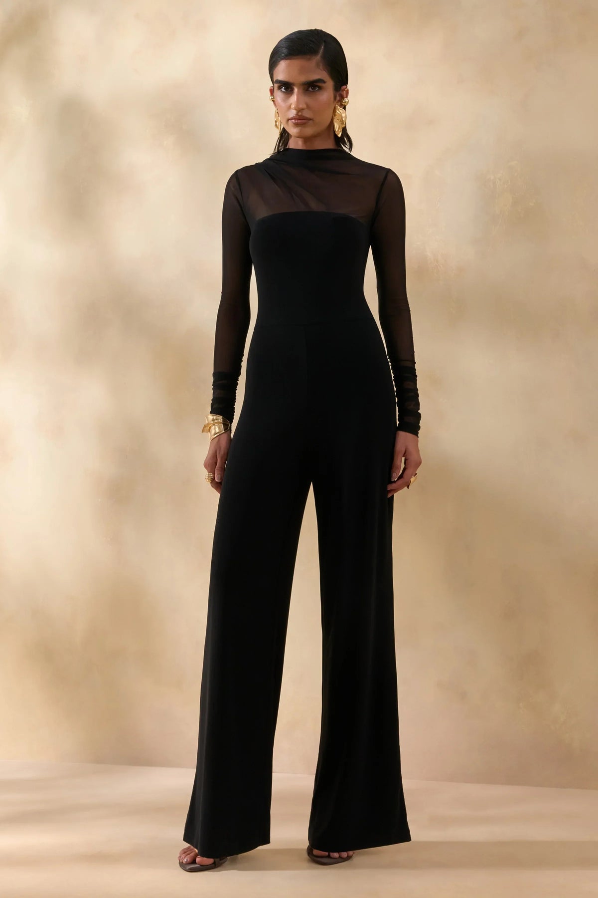 Emeria | Black High-Neck Jumpsuit With Long Mesh-Sleeves