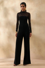 Emeria | Black High-Neck Jumpsuit With Long Mesh-Sleeves