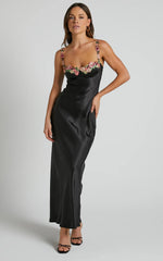 Harmony Maxi Dress - Floral Detail Cup Bust Satin Dress in Black