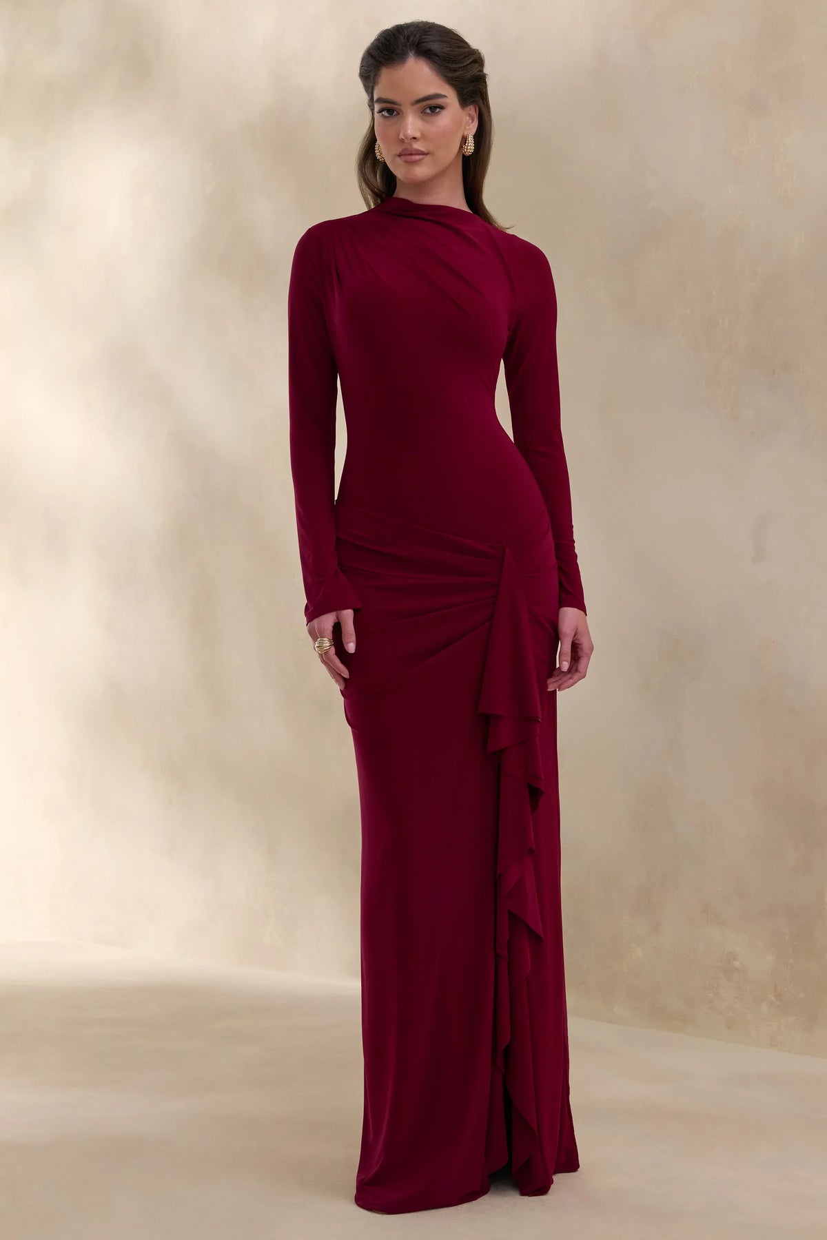 Karessa | Berry High-Neck Maxi Dress With Gathered Detailing And Front-High Split