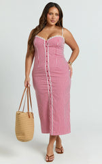 Anessa Midi Dress - Button Front Bustier Fitted Dress in Red Gingham