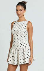 Brooke Mini Dress - Boat Neck Drop Waist Dress in Cream Polka Dot