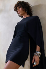 Prislia | Black Round-Neck Mini Dress With Cape
