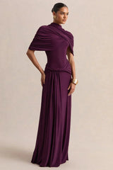 Evelisse | Plum High-Neck Maxi Dress With Short-Cape Sleeves