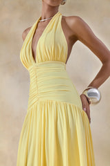 Bettina | Lemon Plunge-Neck Maxi Dress With Gathered-Detailing
