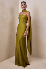 Charly | Olive Satin Bandeau Maxi Dress With Scarf-Detail