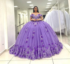Ball Gown Lace Off-the-Shoulder Lavender Quinceanera Dress