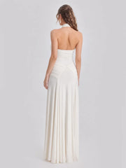 Open Back Pleated Halter Maxi Gown