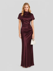 High Boat Neck Stain Maxi Dress With Ruched Detailing