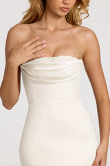 Satin Lace-Trim Bandeau Fluted Midaxi Dress in White