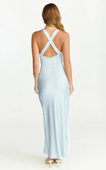 Khalani Maxi Dress - Deep V Neck Satin Slip Dress in Pale Blue