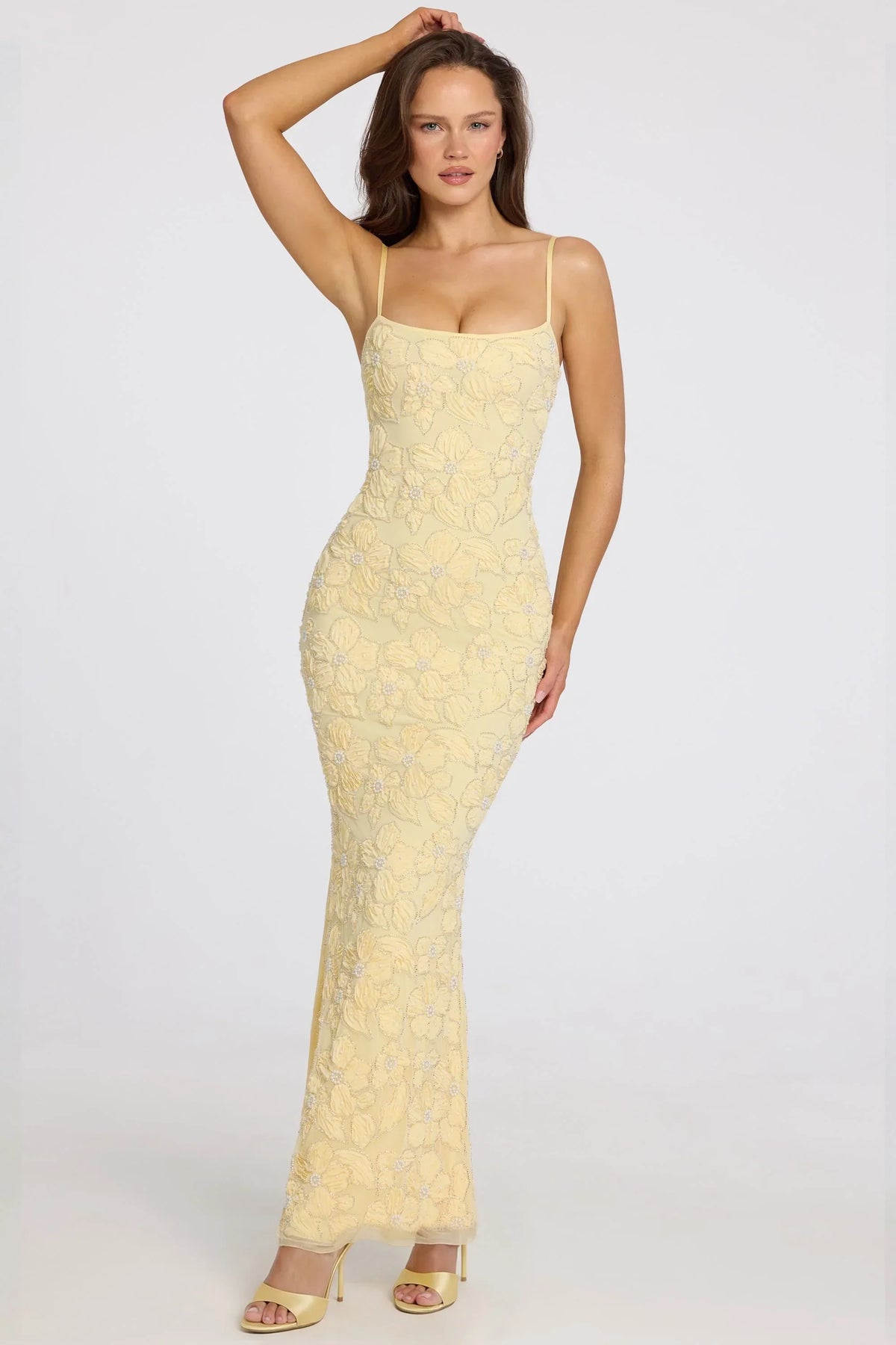 Embellished Square-Neck Maxi Dress in Butter Yellow