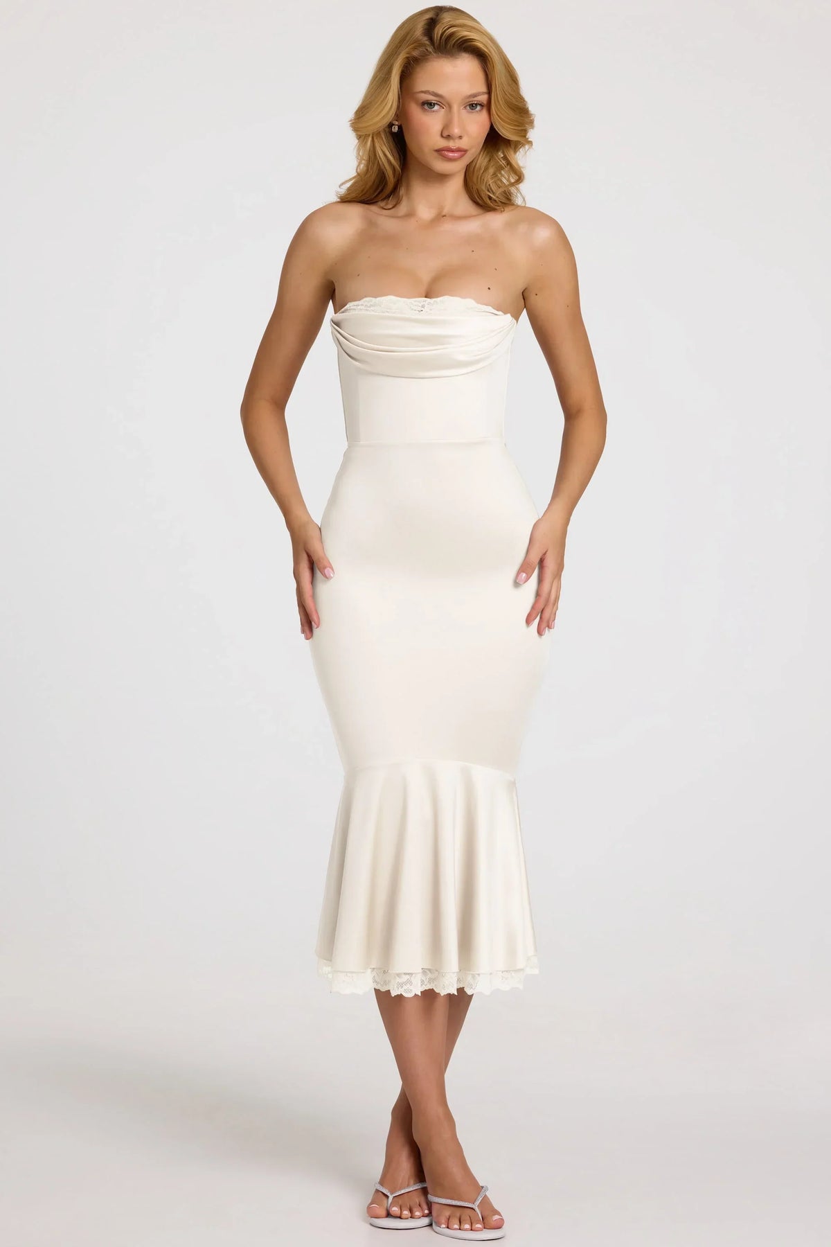 Satin Lace-Trim Bandeau Fluted Midaxi Dress in White