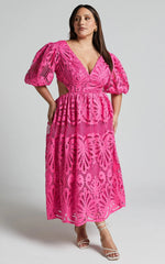 Anieshaya Midi Dress - V Neck Cut Out Lace Dress in Pink