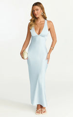 Khalani Maxi Dress - Deep V Neck Satin Slip Dress in Pale Blue