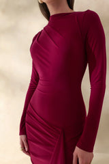 Karessa | Berry High-Neck Maxi Dress With Gathered Detailing And Front-High Split