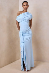 Siora | Powder Blue Asymmetric-Neck Maxi Dress With Draped-Detailing