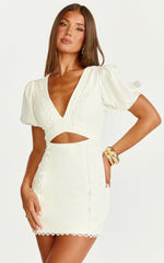 Carolyn Mini Dress - V Neck Puff Sleeve Dress in White
