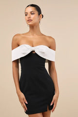 Extravagant Moment Black and White Off-the-Shoulder Mini Dress