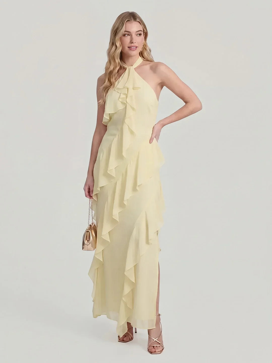 Halterneck Flowy Tiered Ruffle Maxi Dress
