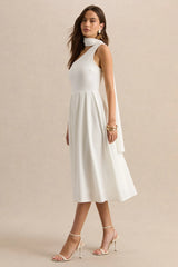 Odette | White Asymmetric-Neck Midi Dress With Scarf