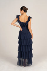 Adele Navy Tiered Dress With Ruffle Straps