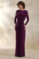 Desirelle | Plum Crew-Neck Maxi Dress With Gathered-Detailing