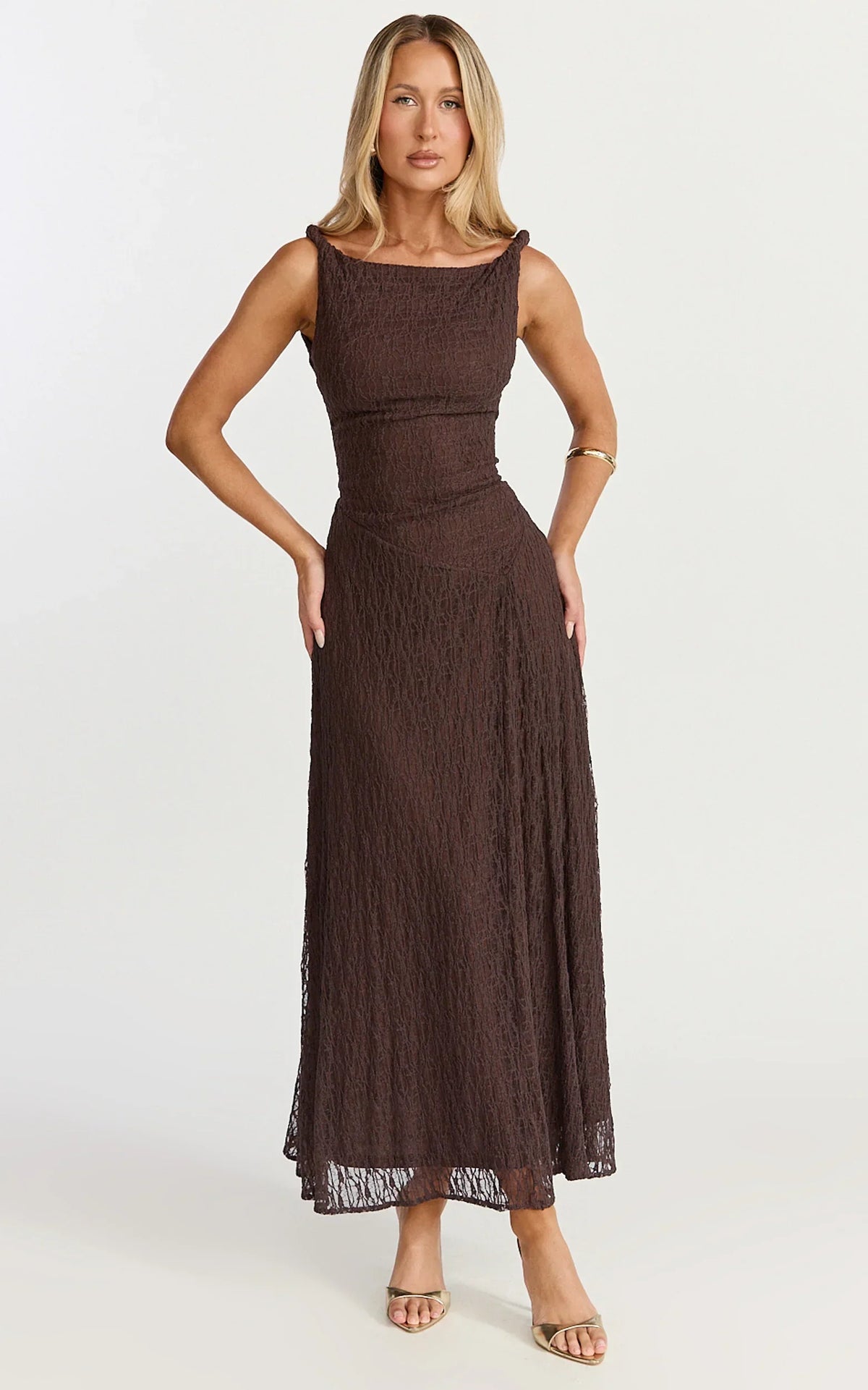 Abby Midi Dress - High Neck Asym Detail Dress in Chocolate