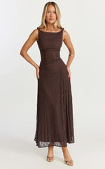 Abby Midi Dress - High Neck Asym Detail Dress in Chocolate