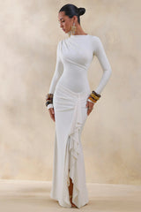 Karessa | Cream High-Neck Maxi Dress With Gathered Detailing And Front-High Split
