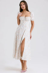 white posy print cotton puff sleeve midi sundress