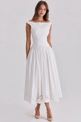 white cotton broderie anglaise boat neck maxi dress