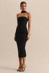 Amariah | Black Bandeau Midi Dress With Scarf-Detail