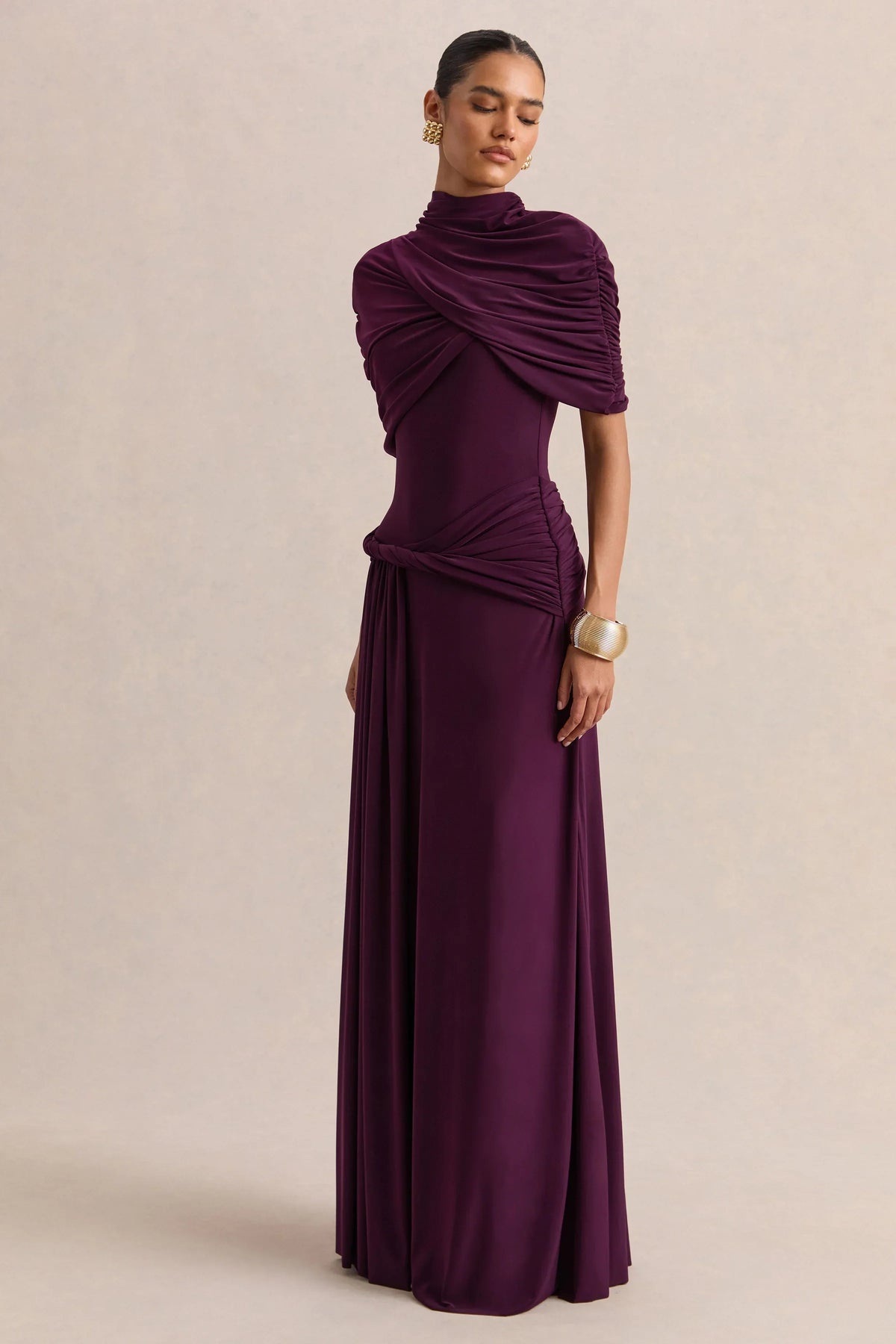 Evelisse | Plum High-Neck Maxi Dress With Short-Cape Sleeves