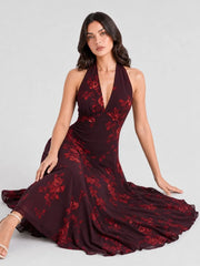 Halter V-neck Drop Waist Georgette Midi Dress