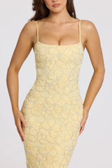 Embellished Square-Neck Maxi Dress in Butter Yellow