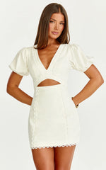 Carolyn Mini Dress - V Neck Puff Sleeve Dress in White