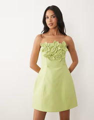 ASOS LUXE bandeau linen corsage detail mini dress in pistachio