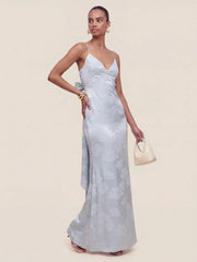 Satin Plunge-Neck Maxi Dress With Asymmetric Drop-Waist