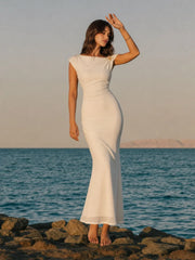 Asymmetric Sleeve Bodycon Gown with Knot-Shoulder Detail