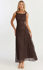 Abby Midi Dress - High Neck Asym Detail Dress in Chocolate