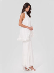 Halter Cape Gown with Floral Trim