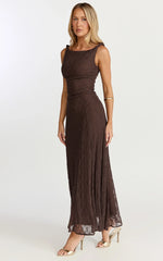 Abby Midi Dress - High Neck Asym Detail Dress in Chocolate