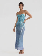 Gradient Ocean-Hued Sequin Maxi Dress