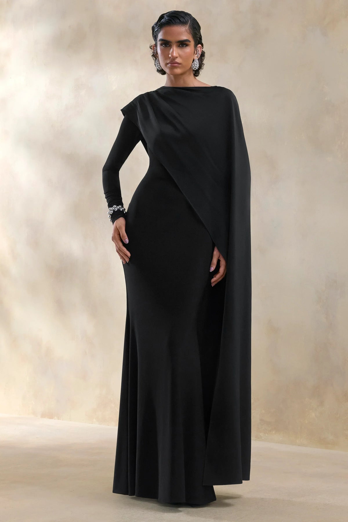 Salenne | Black Round-Neck Maxi Dress With Satin Asymmetric-Cape