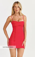 Gigi Mini Linen Blend Dress - Sweetheart Tie Back Scallop Detail Dress in Red