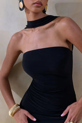 Caresse | Black Bandeau Mini-Dress With Scarf-Detail